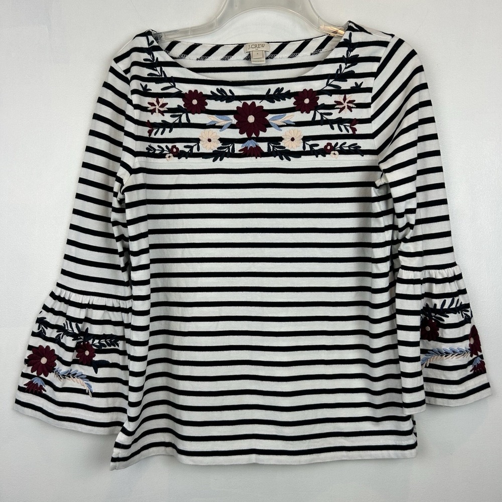 J Crew Top Womens S Floral Embroidered White Black Striped Nautical